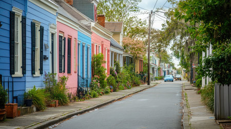 A quiet street in a historic New Orleans neighborhood with colorful houses. No people, copy space.の素材