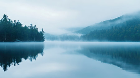 A serene view of a misty morning in the Adirondacks with a calm lake. No people, copy space.の素材