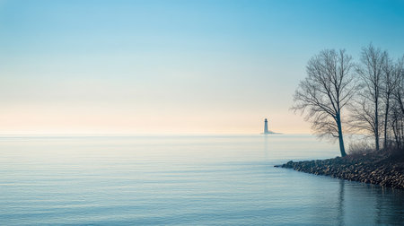 A serene view of the Great Lakes with a lighthouse in the distance. No people, copy space.の素材