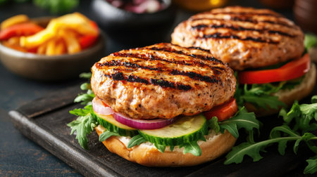 Grilled turkey burgers on a whole grain bun, topped with fresh vegetables, high-protein mealの素材