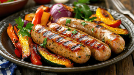 Grilled turkey sausages with roasted vegetables, high-protein meal, served on a plateの素材
