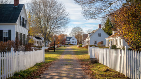 A quiet New England village with white picket fences and historic homes. No people, copy space.の素材