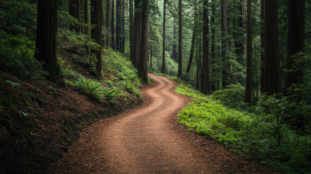A quiet trail winding through the redwood forests of California. No people, copy space.の素材