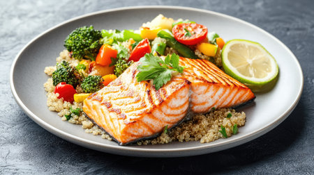 Grilled salmon fillet with quinoa and steamed vegetables, high-protein seafood dishの素材