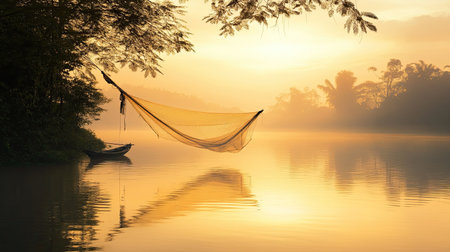 Traditional Southeast Asian fishing net over a river at dawn, serene and quiet scene, no peopleの素材