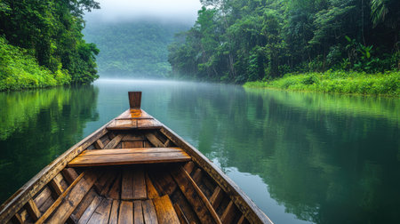 Traditional Southeast Asian wooden boat floating on a calm river, surrounded by lush vegetationの素材