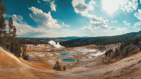 A panoramic view of the Yellowstone National Park with geysers and hot springs. No people, copy space.の素材
