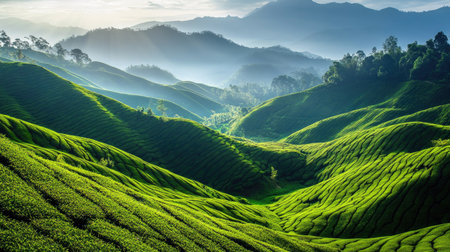Scenic view of Southeast Asian tea plantations, rolling green hills with neatly arranged tea bushesの素材