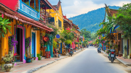 Vibrant Southeast Asian street with colorful buildings and traditional architecture, cultural charmの素材