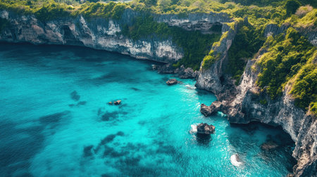 Scenic Southeast Asian coastline with dramatic cliffs and turquoise water, tropical paradiseの素材