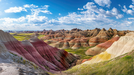 A panoramic view of the Badlands National Park with colorful rock layers. No people, copy space.の素材