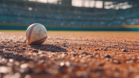 A close-up of a baseball resting on the pitcher's mound in an empty stadium. No people, copy space.の素材