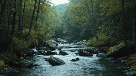 A serene view of a mountain stream in the Great Smoky Mountains. No people, copy space.の素材
