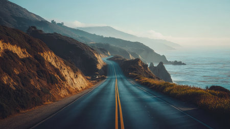 A quiet coastal road in California with the ocean on one side and cliffs on the other. No people, copy space.の素材