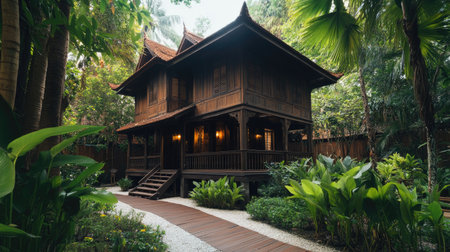 Southeast Asian traditional wooden house surrounded by tropical plants, cultural heritage siteの素材