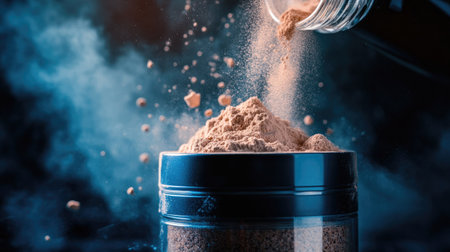 Protein powder being poured into a shaker bottle, ready for a workout drinkの素材