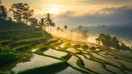Southeast Asian terraced rice fields at sunrise, misty and peaceful landscape, no peopleの素材