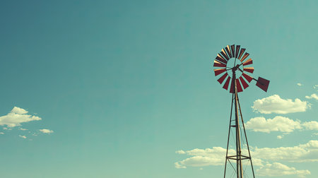 A close-up of an old-fashioned windmill on the prairies of Kansas. No people, copy space.の素材