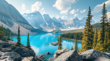 A panoramic view of the Canadian Rockies with turquoise lakes. No people, copy space.の素材