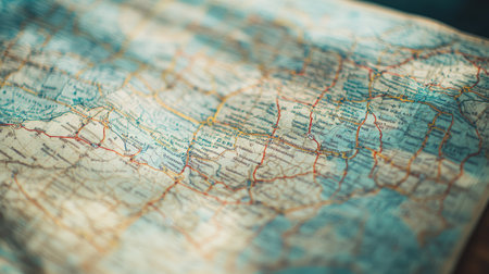 A close-up of a vintage American road map with marked highways. No people, copy space.の素材