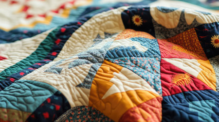 A close-up of a traditional American quilt with vibrant patterns. No people, copy space.の素材