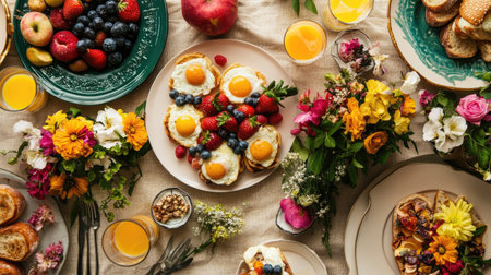 Elegant brunch spread captured from above, showcasing eggs benedict, mimosas, and colorful fresh fruitの素材