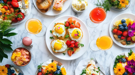 Elegant brunch spread captured from above, showcasing eggs benedict, mimosas, and colorful fresh fruitの素材