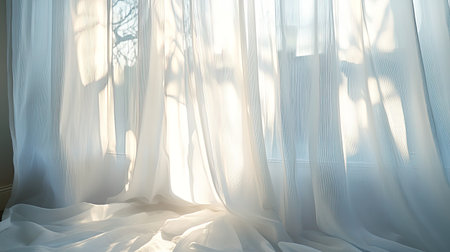 Light filtering through sheer white curtains on a bright dayの素材