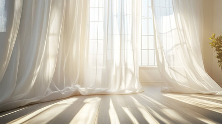 Light streaming through white curtains in a bright, airy roomの素材