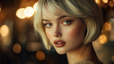 Elegant fashion model with a blonde bob, showcasing beauty and makeup trends in a sophisticated photo shootの素材