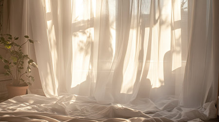 Light streaming through white curtains in a sunlit roomの素材