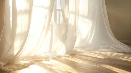 Light streaming through white curtains in a sunlit roomの素材