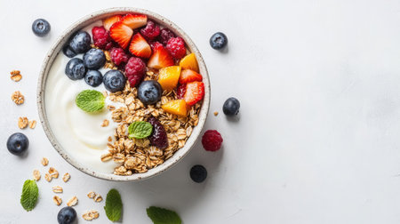 Flat lay of a nutritious breakfast bowl with creamy Greek yogurt, crunchy granola, and vibrant mixed fruits on a white tableの素材