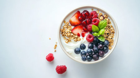 Flat lay of a fresh breakfast bowl with Greek yogurt, granola, and a mix of fruits, set on a clean white surfaceの素材