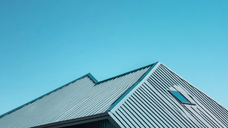 Modern roof with clean lines and a clear blue sky backdropの素材
