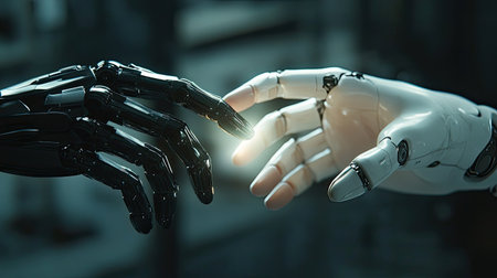 Human and robot hands nearly touching fingertips, with a soft, ethereal light illuminating the scene from the backgroundの素材