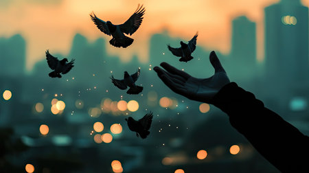 Elegant silhouette of a hand freeing pigeons against a city skyline with shimmering lights at duskの素材