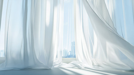 Light filtering through sheer white curtains on a bright dayの素材