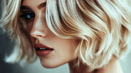 Glamorous blonde bob hairstyle on a woman, captured in a close-up to highlight the latest fashion and beauty trendsの素材