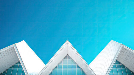 Modern roof with sharp angles and a bright, cloudless skyの素材