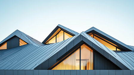 Modern roof design with geometric shapes and clear sky backdropの素材