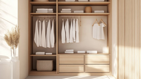 Minimalist wardrobe with open shelving and neutral color schemeの素材