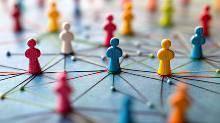 Network diagram with interconnected lines illustrating the concepts of teamwork and cohesive collaborationの素材