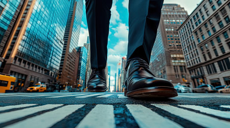 Professional business shoes stepping on a zebra crossing, with a cityscape of tall buildings behindの素材