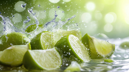 Refreshing close-up of lime juice splashing with lime wedges, highlighting the citrus burst and vibrant colorsの素材