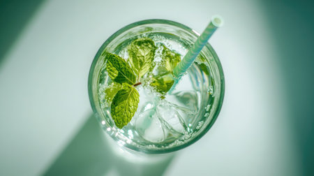 Refreshing glass of water with mint leaves and a straw, viewed from above, ideal for a cooling, hydrating momentの素材