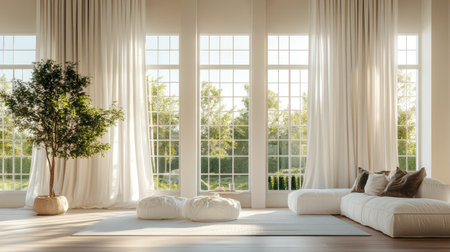 Spacious living room with expansive windows and flowing white drapesの素材