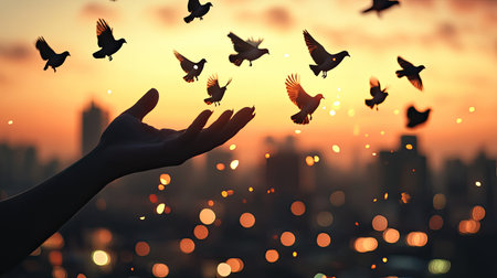 Silhouette of a hand releasing pigeons from a rooftop, set against a cityscape with twinkling urban lights at duskの素材