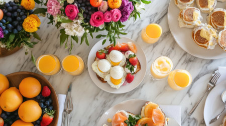 Sophisticated brunch setup from above with eggs benedict, refreshing mimosas, and vibrant fresh fruitの素材