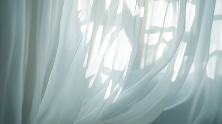 Serene close-up of flowing white curtains at an open window, softly blowing in the breezeの素材